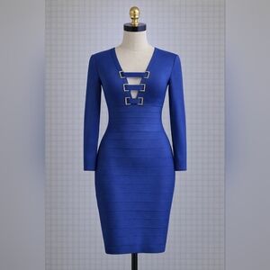 Guess by Marciano Royal Blue Long-Sleeve Bandage Dress with Gold Accents